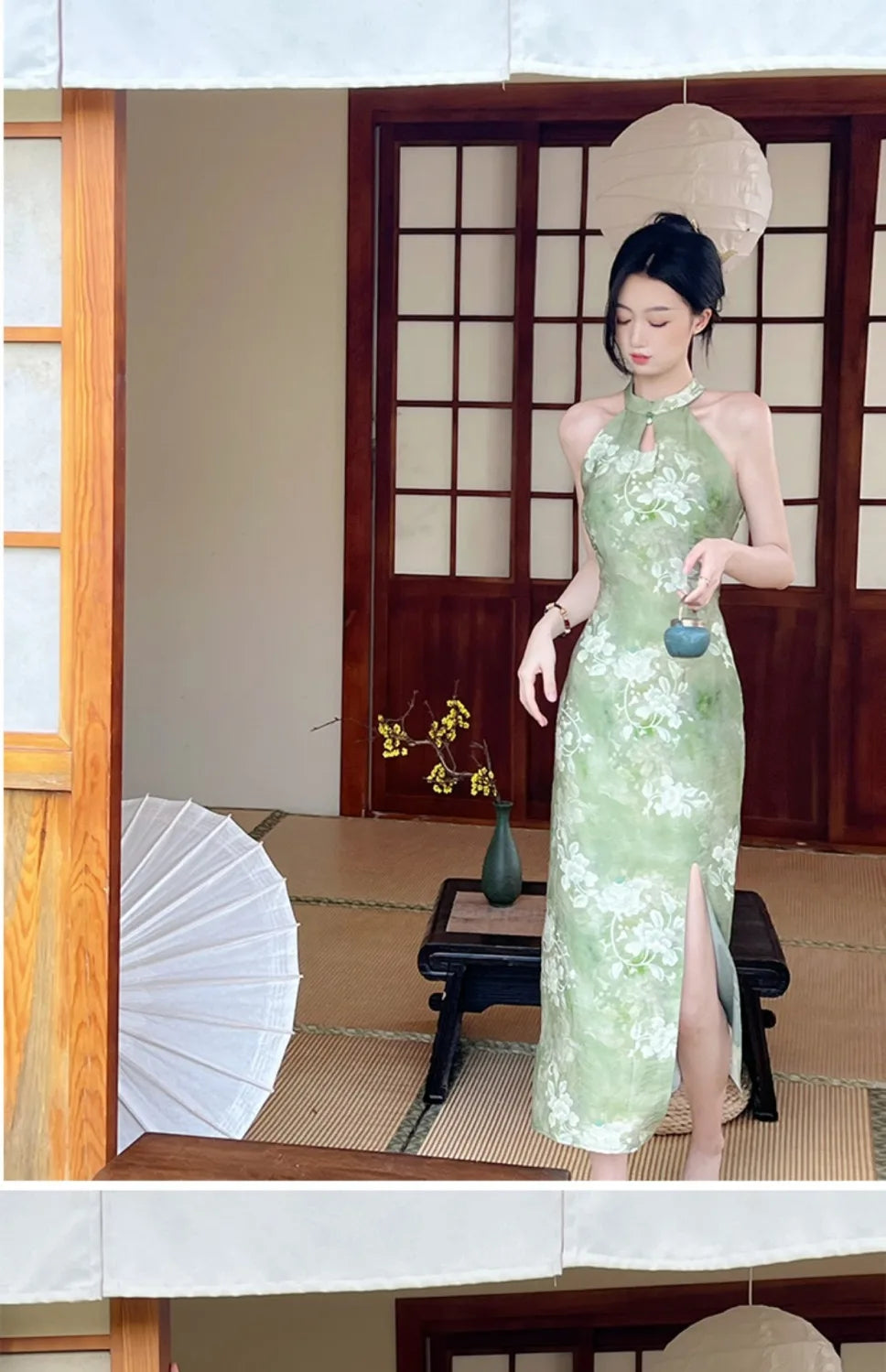 2024 New Improved Cheongsam Qipao Daily Summer Youth Style Elegant New Chinese Green Hanging Neck Evening Wedding Dress for Wome - Seprincess