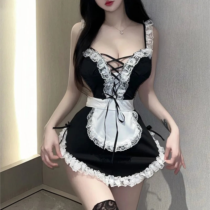 Sexy lingerie Apron Tight Strap Deep V Breastfeeded Maid Uniform Temptation suit for roller female women's ethical costumes xxx - Seprincess