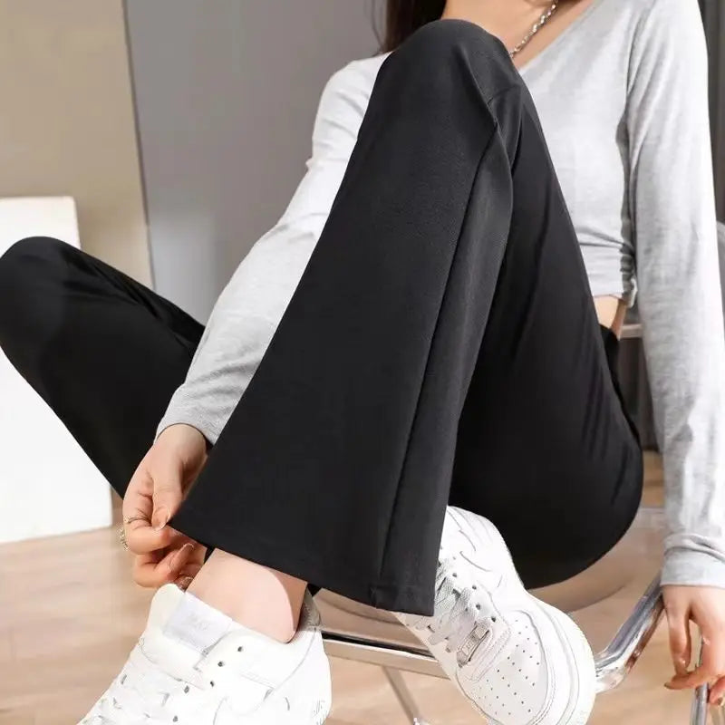 Black All-match Patchwork Pockets Classics Micro Flare Trousers Summer Thin Ventilate Elastic High Waist Women's Casual Pants