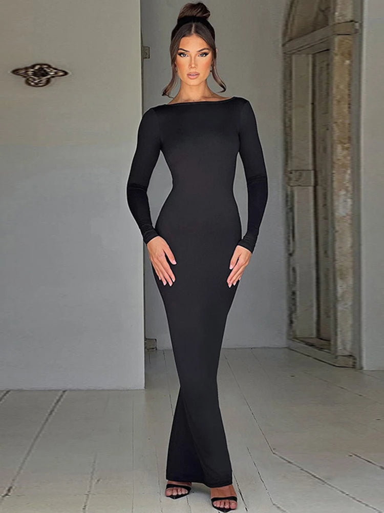 Dulzura Long Sleeve Backless Ruched Maxi Dress Women Bodycon Sexy Party Birthday Evening Outfits 2024 Spring Summer Clothes - Seprincess