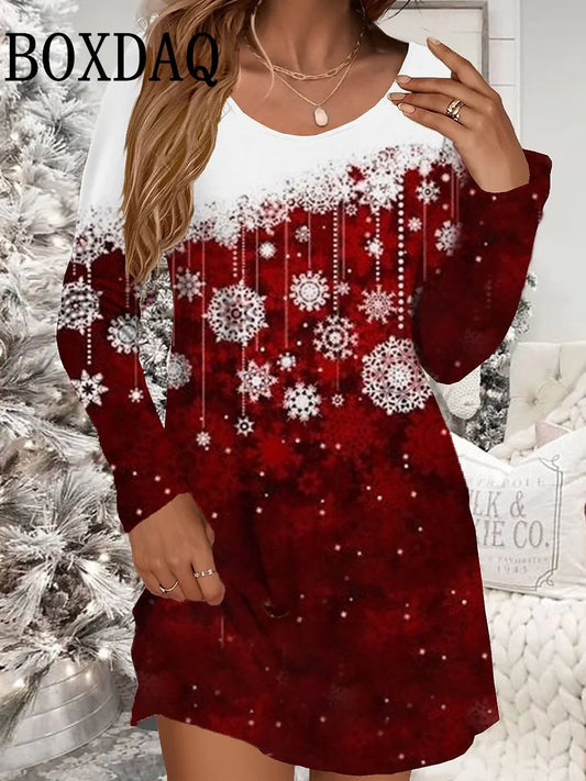 Autumn Winter Women Dresses Christmas Snowflake Print Dress Casual Party Clothing Long Sleeve Women's Loose A-Line Mini Dresses - Seprincess