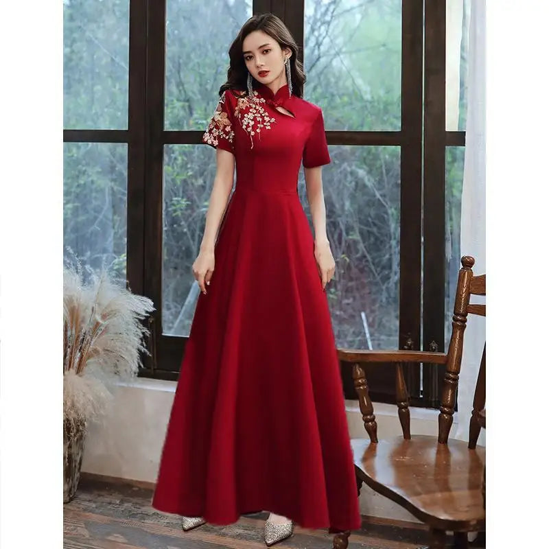 Women Elegant Mandarin Collar Bridal Wedding Dress Sexy Slim Front Split Novelty Cheongsam Exquisite Appliques Trim Long Qipao - Seprincess