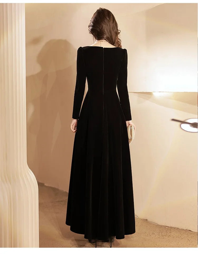 Black Dress Female Autumn Winter Solid Color Diamond Studded Bead Square Collar Long Sleeve A-line Skirt Women's Clothing M024 - Seprincess