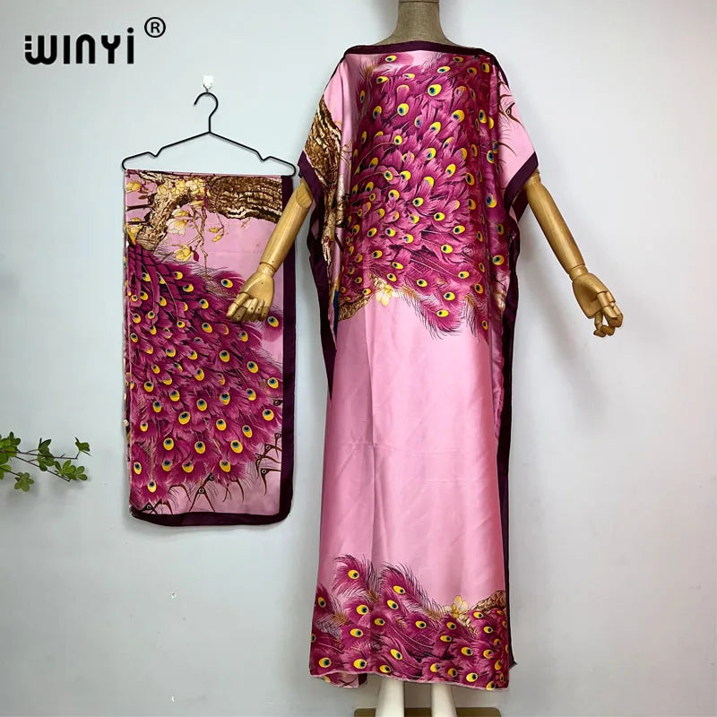 WINYI Africa summer kaftan with belt Women Classic peacock print Caftan Elegant Holiday summer Maxi silk Bohemian party dress - Seprincess