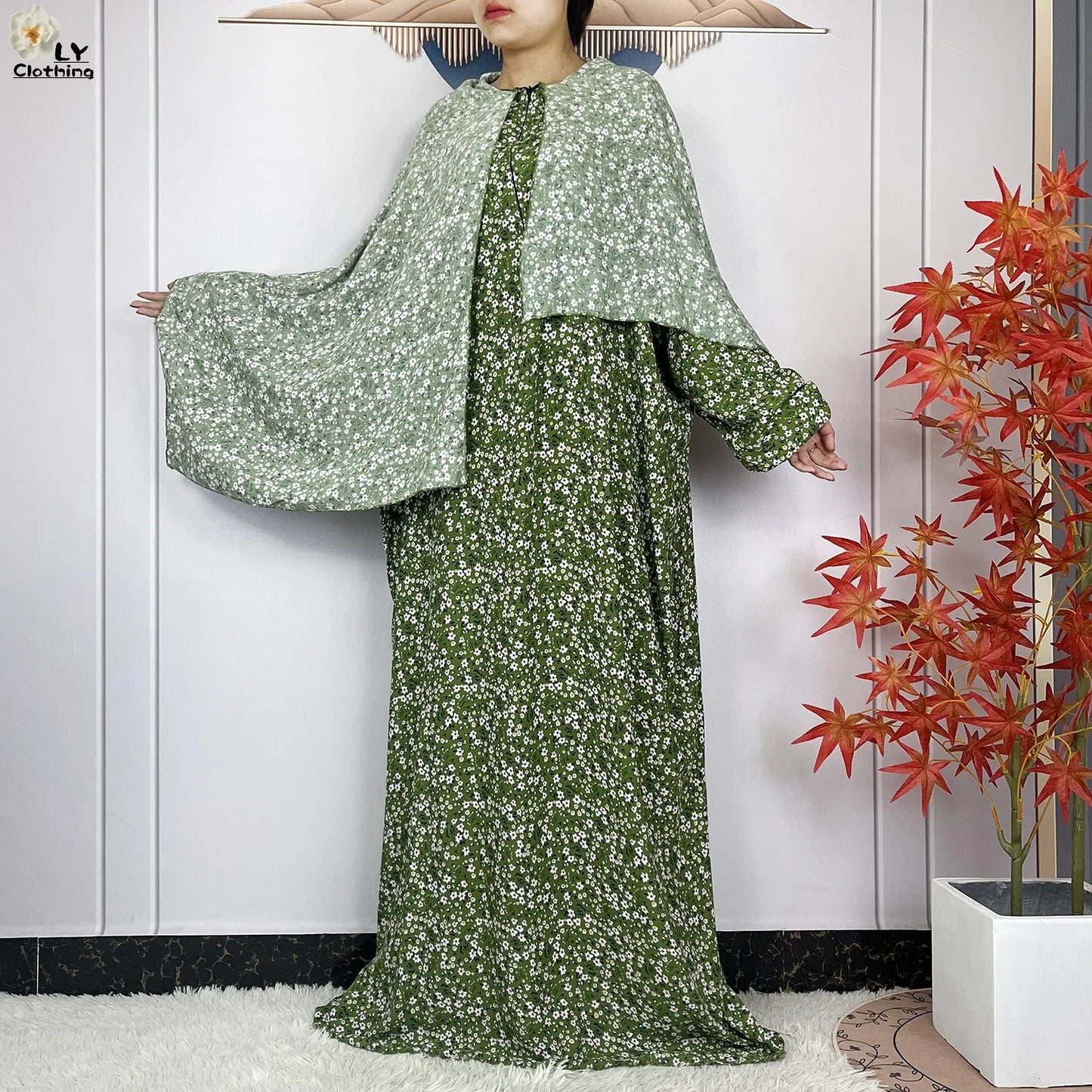 2024Latest Muslim Abayas For Women Ramadan Prayer Maxi Dubai Turkey Femme Cotton Robe Floral Loose African Dress Turban Attached