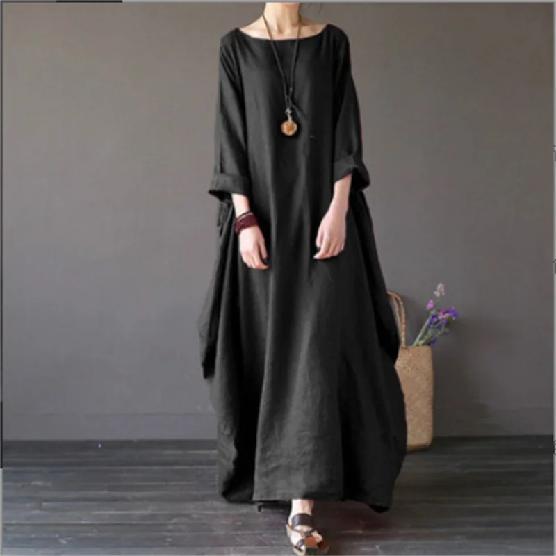 2022 Spring New Loose Size Round Neck Mid-Sleeve Large Swing Cotton And Linen Long Dress - Seprincess