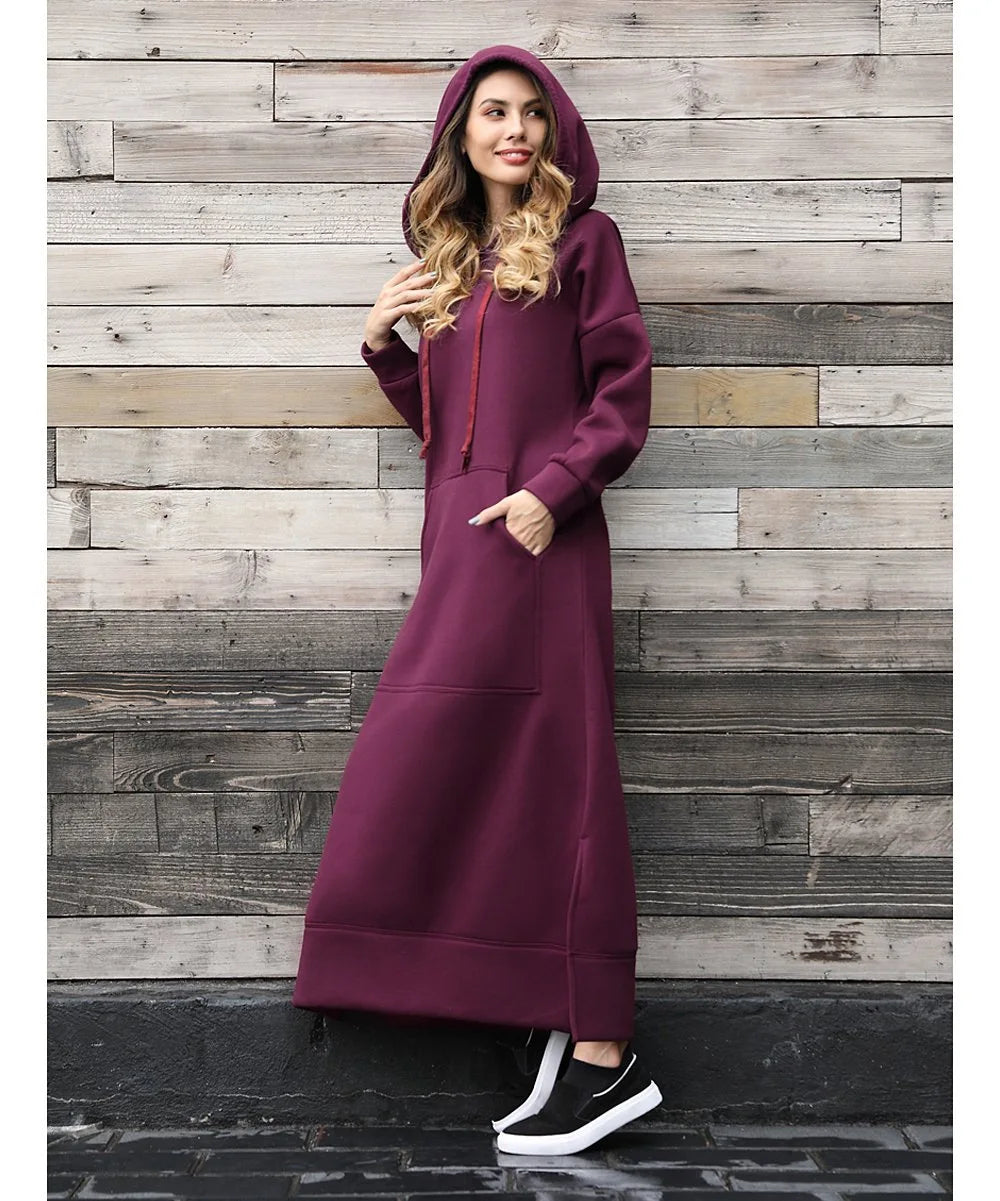 Autumn Winter Women's Loose Knitted Hooded Long Dress Plush Warm Casual Large Pocket Dresses For Women