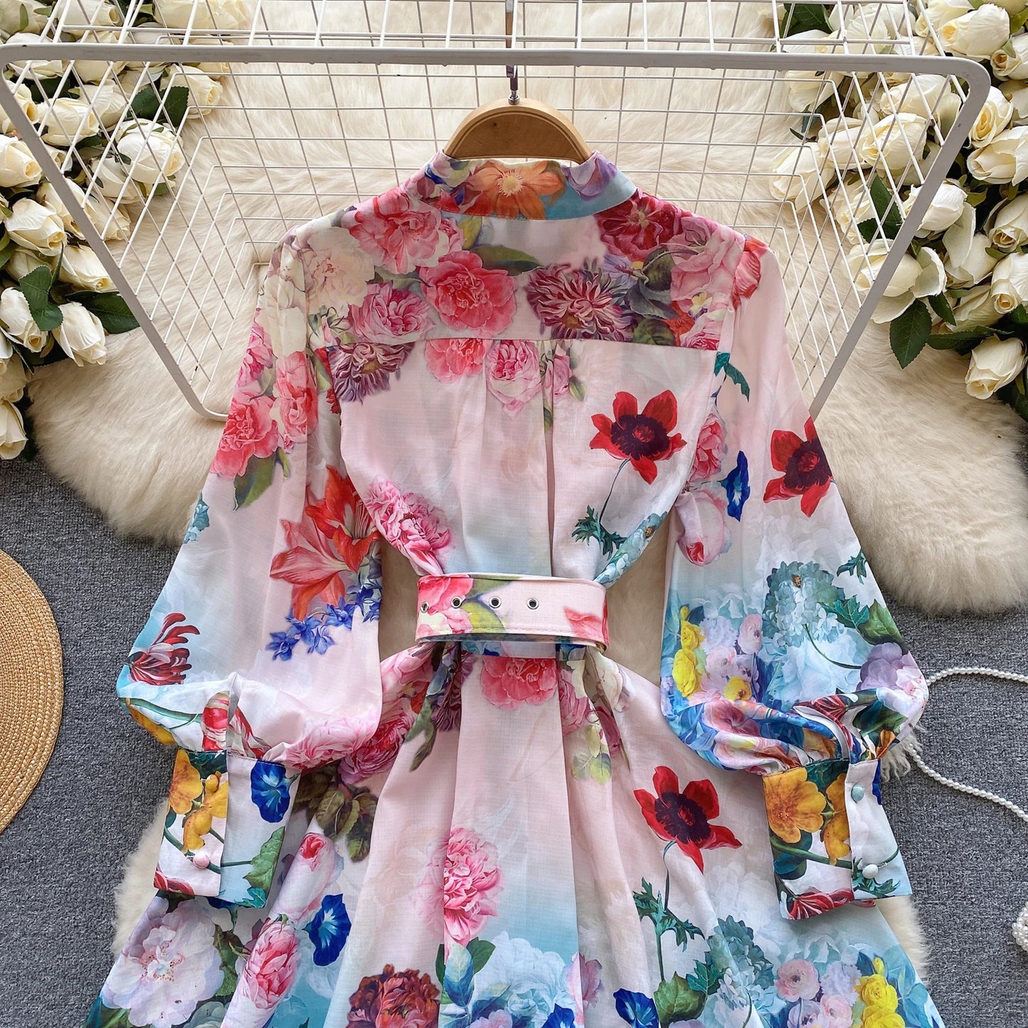 Print Belt Lantern Long Sleeve Patchwork Single Breasted Dress A-line Casual Women Fashion Autumn Spring Vestidos Short Dress - Seprincess