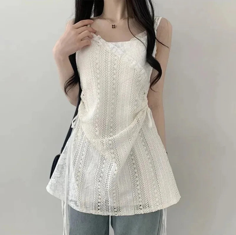 Summer Dress Women Chic French Lace Stitching Sling Shirt Stacked Gauze Knitted Dress Overskirt Inner Wear Base Short Dress - Seprincess