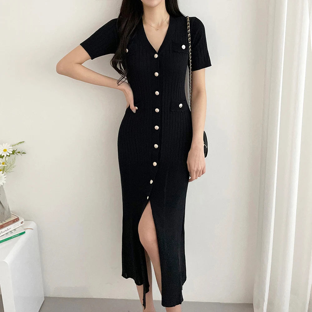 Summer Midi Dress Women Knitted Black Bodycon Korea Style Ruffle Ladies Dresses Elegant Fashion Casual Woman Dress 2024 - Seprincess