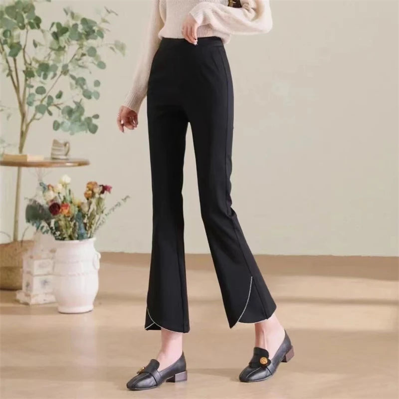 Women Korean Fashion Elegant Chic Flare Pants Autumn Winter Female Black High Waist Plush Thick Trousers Slim Pockets Pantalones