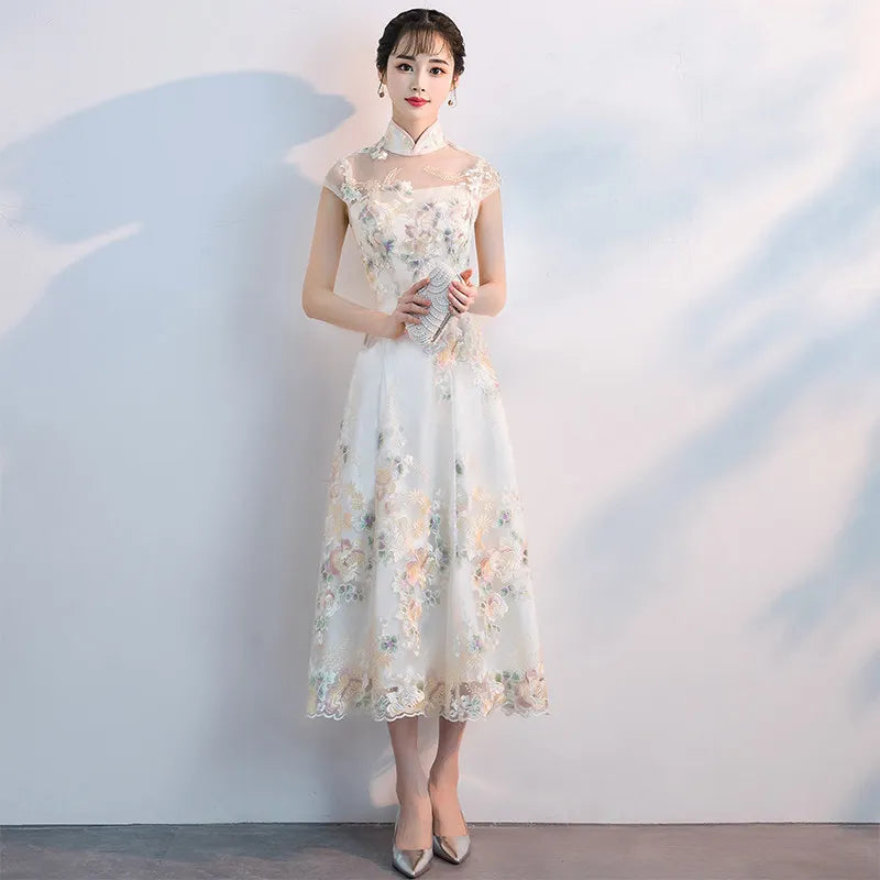 Champagne Sweet Elegant Bridesmaid Dress Women Temperament Formal Party Gown Exquisite Floral Embroidery Novelty Cheongsam