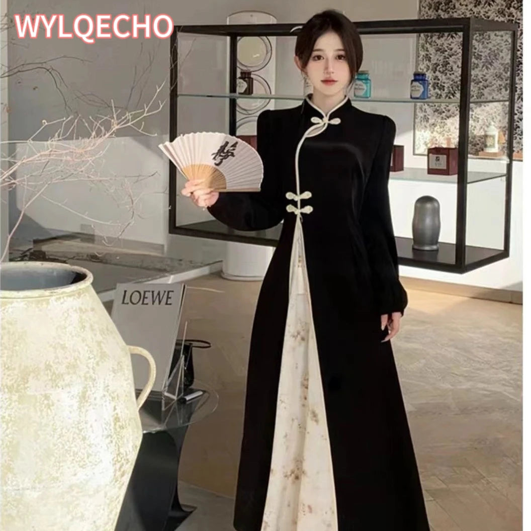 Modern Qipao Improved Cheongsam Chinese Dress Traditional Women's Clothing Autumn Winter Dark Patterned Jacquard Long Sleeve - Seprincess