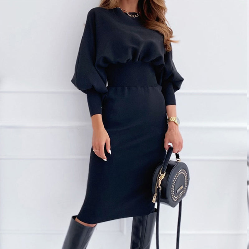 Women Elegant Office Lantern Sleeve Party Dresses Ladies O Neck Bodycon Dress Autumn Winter Solid  Midi Dress 2024 Vestidos