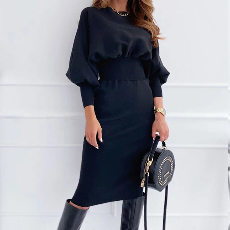 Women Elegant Office Lantern Sleeve Party Dresses Ladies O Neck Bodycon Dress Autumn Winter Solid  Midi Dress 2024 Vestidos - Seprincess