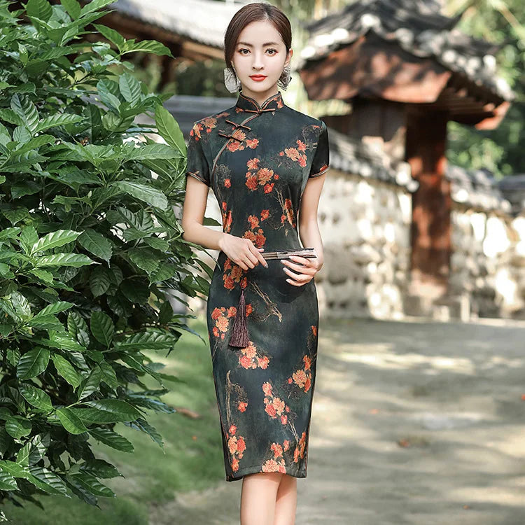 Elegant Print Female Qipao Traditional Classic Chinese Dress Asian Clothing Sexy Slim Short Cheongsam Mandarin Collar Vestidos - Seprincess