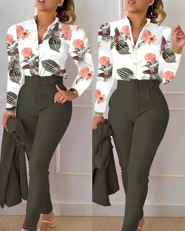 Elegant Women Printed Two Piece Suit Sets Spring Autumn V Neck Long Sleeve Shirt Top & Long Pants Set With Belt Workwear Outfits - Seprincess