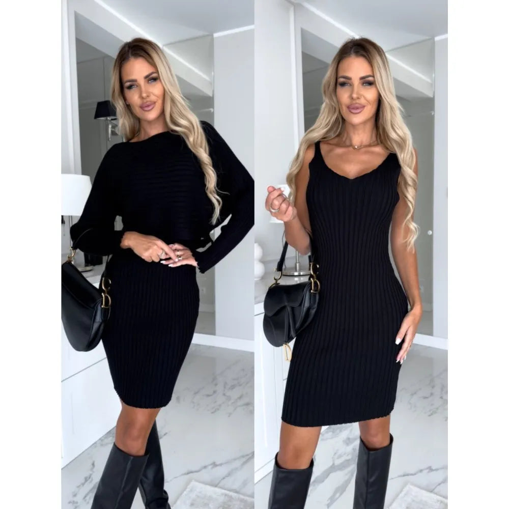 Chic Dress for Woman 2023 Winter Fashion Slim Fit Sexy Solid Two Piece Mid length Women Elegant Knitted Pit Stripe Dress Vestido - Seprincess