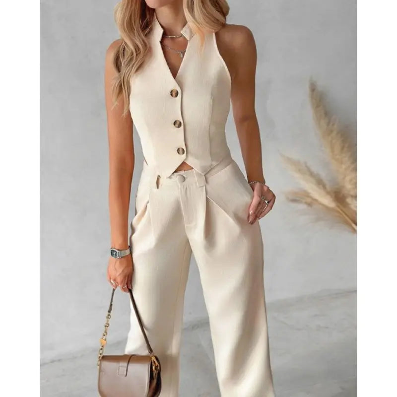 Summer New Solid Color Sleeveless Waistcoat Women Suit Fashion Slim Short Jacket Simple Elegant Female Office Pants 2 Piece Set - Seprincess