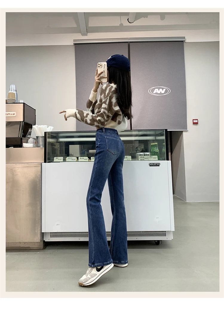 Winter Warm Women's Jeans Fashion Slim Thicken Fleece Flared Pants High Waist Elastic Skinny Velvet Plus Length Female Jeans