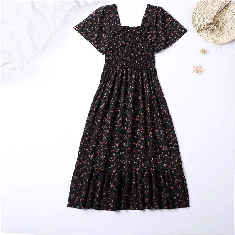 Spring Summer Chiffon Dress Women Midi DressesFemale Short Sleeve Elastic Waist Printed Floral Pleated Backless Casual Dress - Seprincess