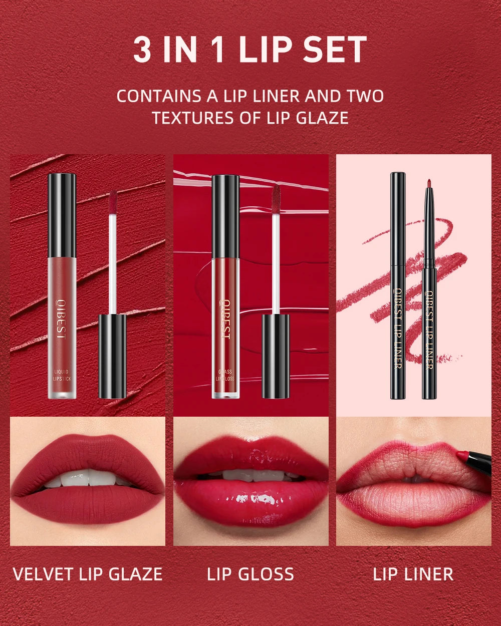 New 3pcs/set Liquid Lipstick+Lip Liner Long Lasting Cosmetic Black Brown Purple Red Matte Lip Gloss Nude Lip Tint Stain Makeup - Seprincess