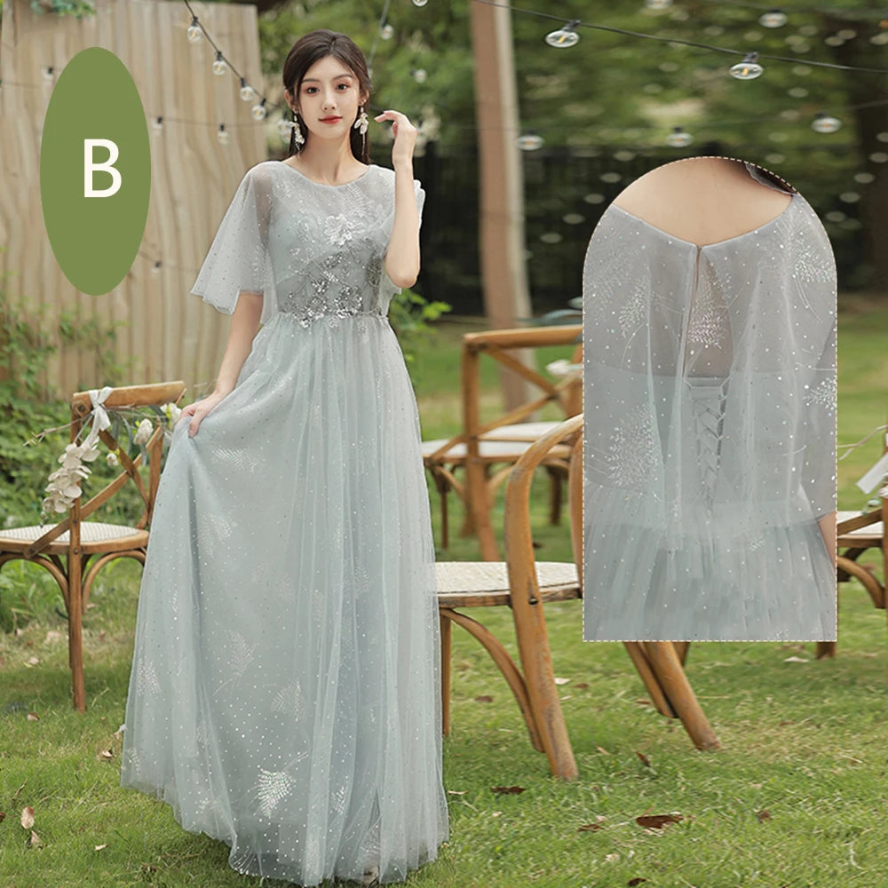 4 Styles Grey Bridesmaid Dress Women's Elegant V-neck Sequins Shawl Collar Slim A-line Gown Light Luxury Wedding Party Vestido - Seprincess