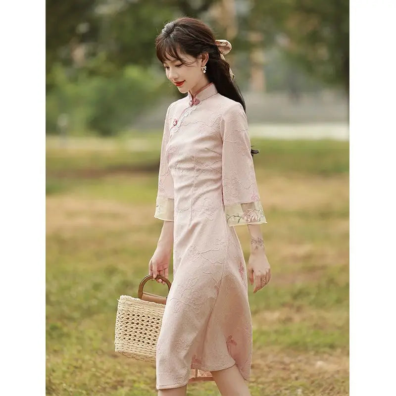 2023 New Pink Cheongsam Embroidery Lace Women Dress Vintage Long Improved Sleeve Chinese Traditional Qipao S To XXL - Seprincess