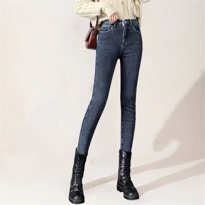 Autumn Winter New Fashion High Waist Button Solid Jeans Women's Clothing Pockets Thicken Casual Warm Simplicity Chic Pencil Pant