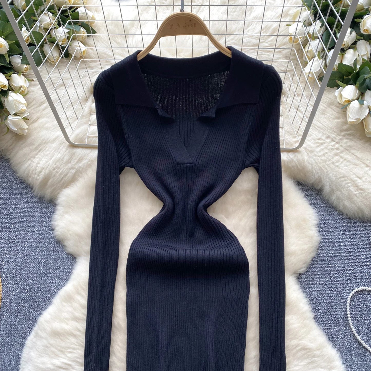 SINGREINY French Vintage Sweater Dress 2024 Ladies Lapel Long Sleeves Autumn Fashion Solid Basics Bodycon Knitted Long Dress