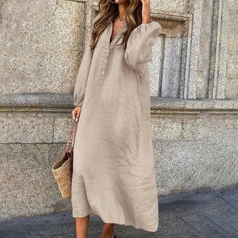 Women's Autumn New Cotton Linen Solid Color Long Sleeved Sexy V-neck Fashionable Button Long Casual Loose Comfortable Dress - Seprincess