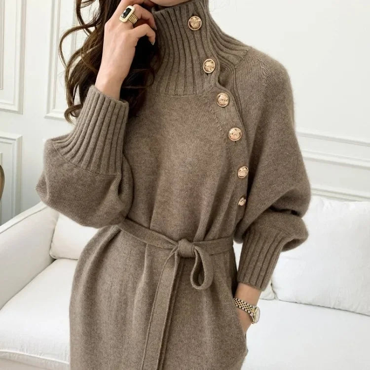 Women Dress Full Sleeve Button Irregular Long Dresses Turtleneck Party Slim Fit Lace Up Tight High Waist Elegant Vestidos - Seprincess