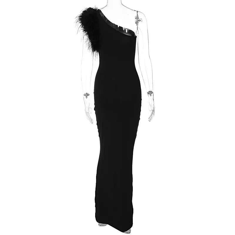 Dulzura Black Sleeveless One Shoulder Feather Maxi Dress For Women Bodycon Sexy Party Elegant Long Dress Birthday Evening Outfit - Seprincess