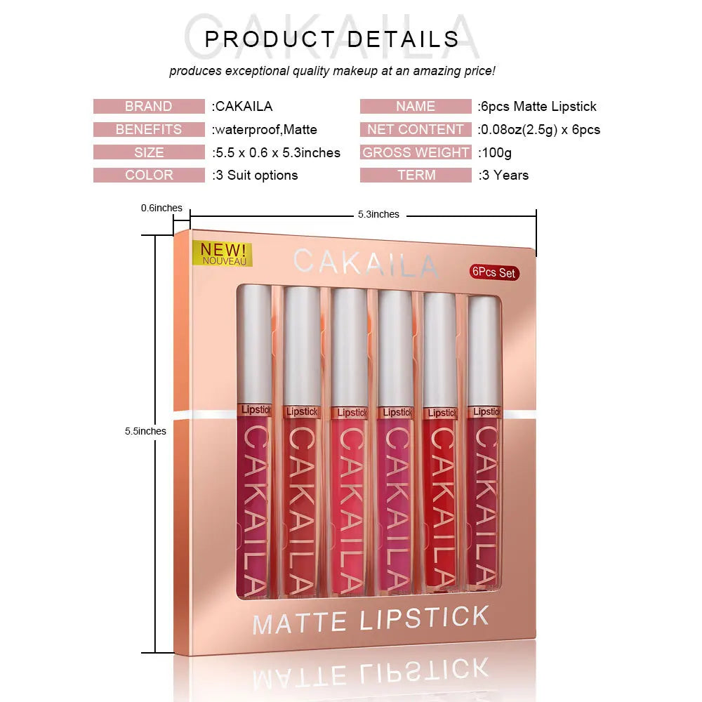 CAKAILA 6Pcs/Set Velvet Matte Lipstick 24HR Lasting Rich Matte Finish Liquid Lipstick Lip Gloss Nude Glaze Makeup Cosmetic - Seprincess