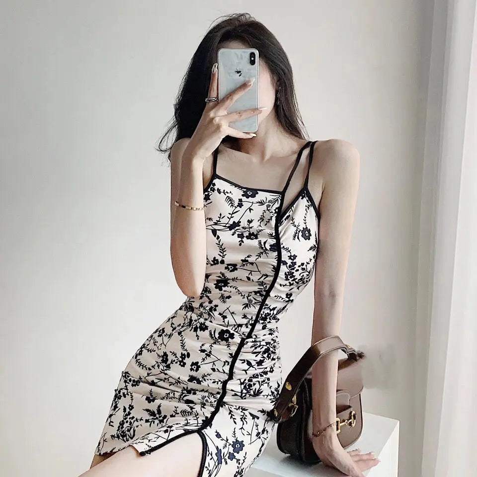 2024 summer slit slimming improved chinese style sexy fold design cheongsam floral printed halter sleeveless qipao dress w715 - Seprincess