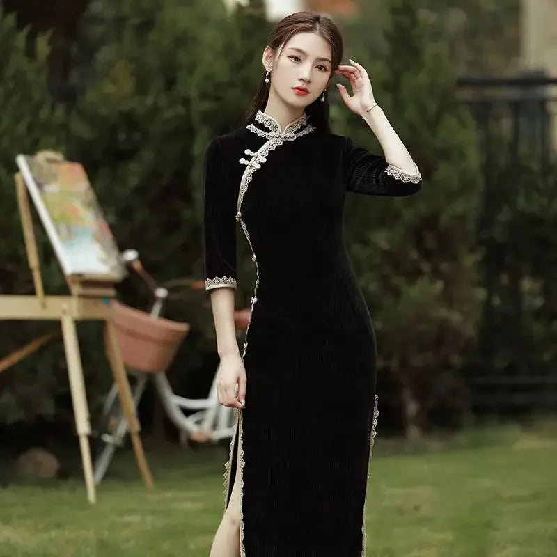 Cheongsam Chinese Traditional Dress Solud Color New Autumn Winter Long Temperament Flare Sleeve Velvet Improved Green Qipao 2024 - Seprincess