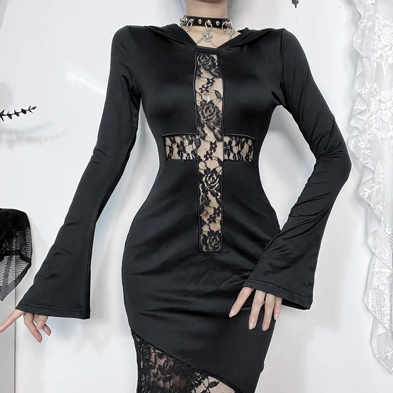 Goth Dark Elegant Fashion Women Hooded Dress Mall Gothic Cross Hollow Out Lace Spliced Partywear Acubi Sexy Bodycon Dresses Slim - Seprincess