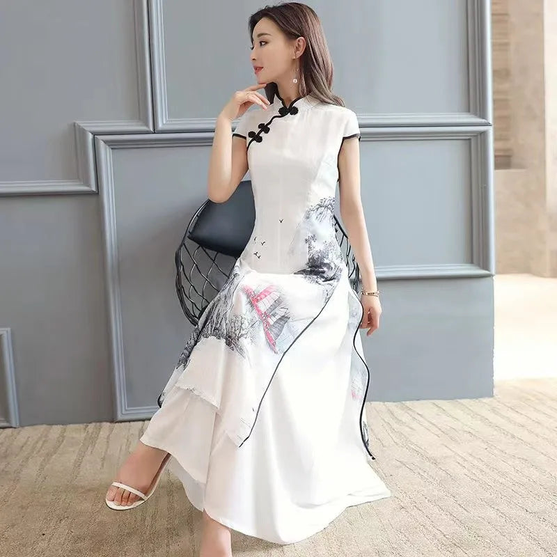 Women Chinese Traditional Hanfu Landscape Painting Cheongsam White Dance Dress Qipao Chiffon Robe Vintage Chinese Style Dresses - Seprincess