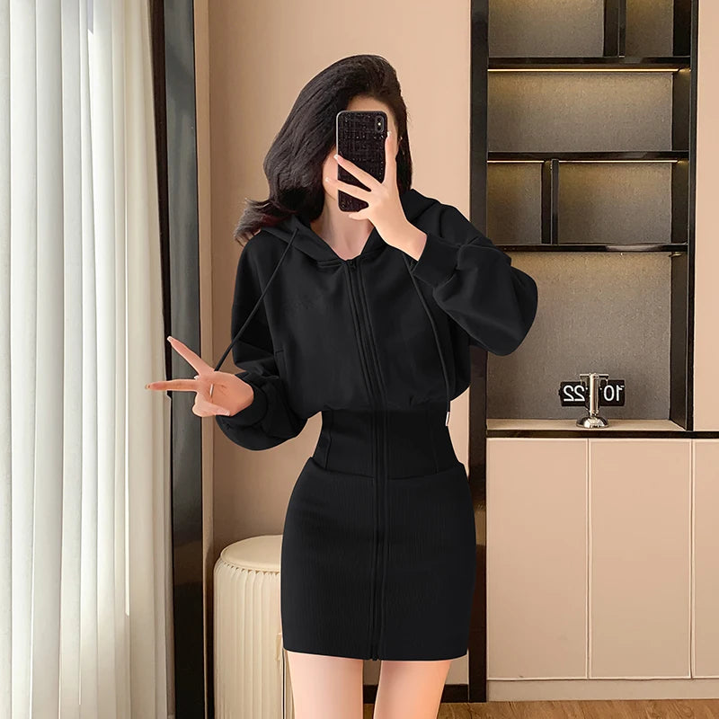 Korean Fashion Hoodie Dress Women Autumn Winter Long Sleeve Cat Ear Mini Dress Bodycon Dress Vestidos - Seprincess