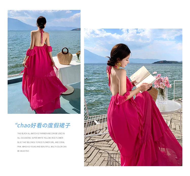 2024 Women Long Summer Formal Chiffon Sundress Halter Elegant Fairy Grunge Prom Dress New Honeymoon Vacation Party Night Dresses - Seprincess