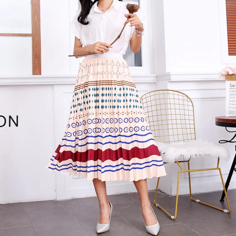 2024 Summer Women Cartoon Print Pleated Skirts A Line High Waisted Elastic Midi Long Skirt Ladies Party Korean Style Dresses