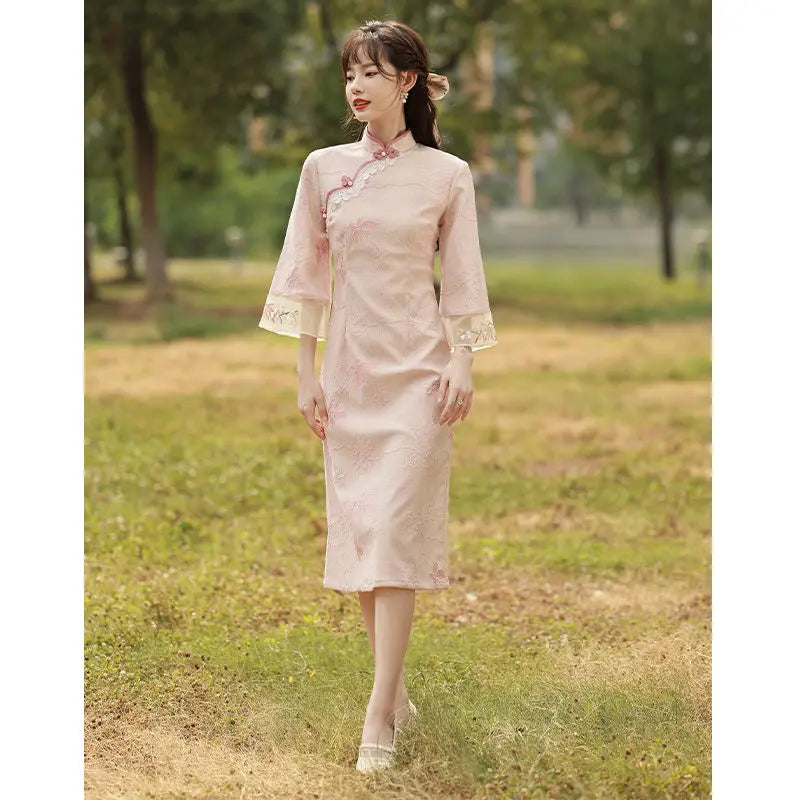 2023 New Pink Cheongsam Embroidery Lace Women Dress Vintage Long Improved Sleeve Chinese Traditional Qipao S To XXL - Seprincess