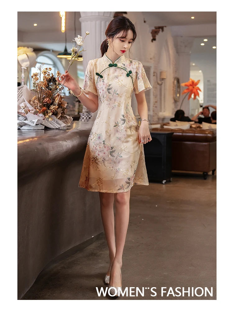 New Style Summer Improved Chiffon Cheongsam Women' Elegant Chinese Traditional Short Sleeve Qipao Dress Modern - Seprincess