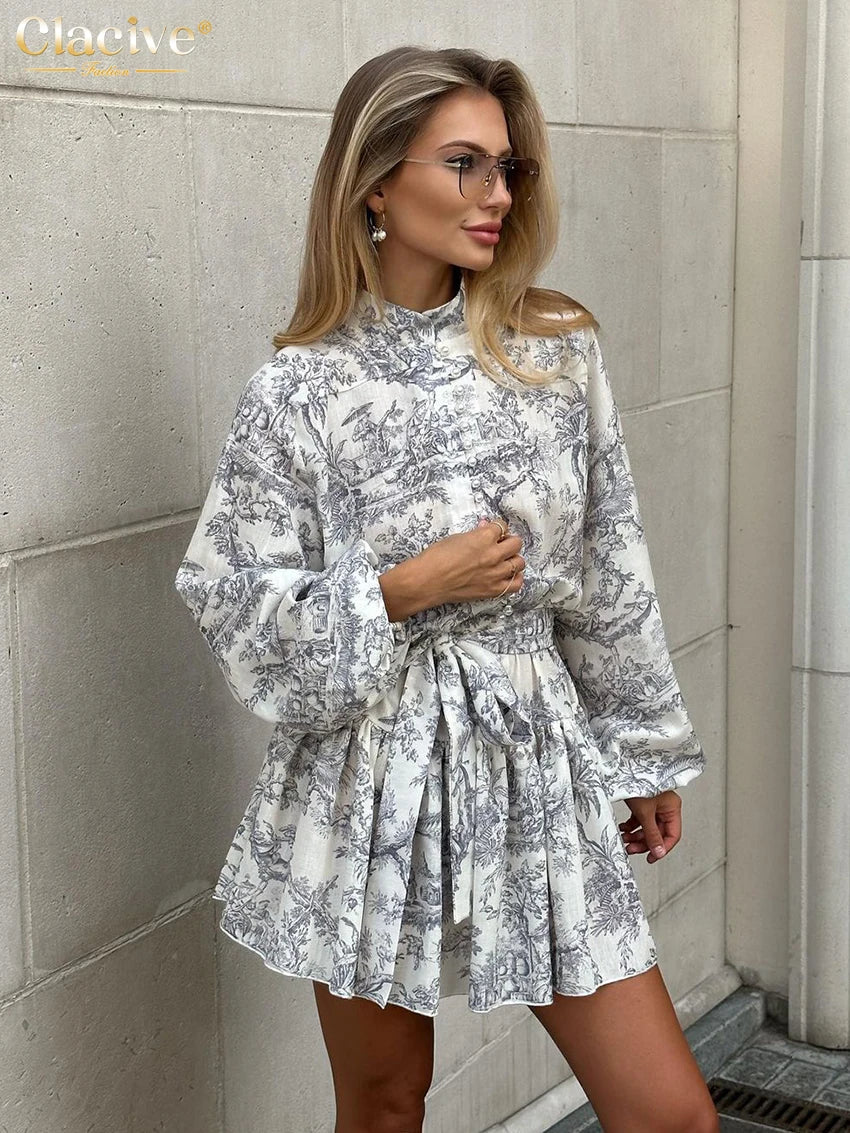 Clacive Casaul Loose Print Women'S Dress 2023 Fashion Stand Collar Puff Sleeve Mini Dresses Elegant Lace-Up Pleated Female Dress - Seprincess