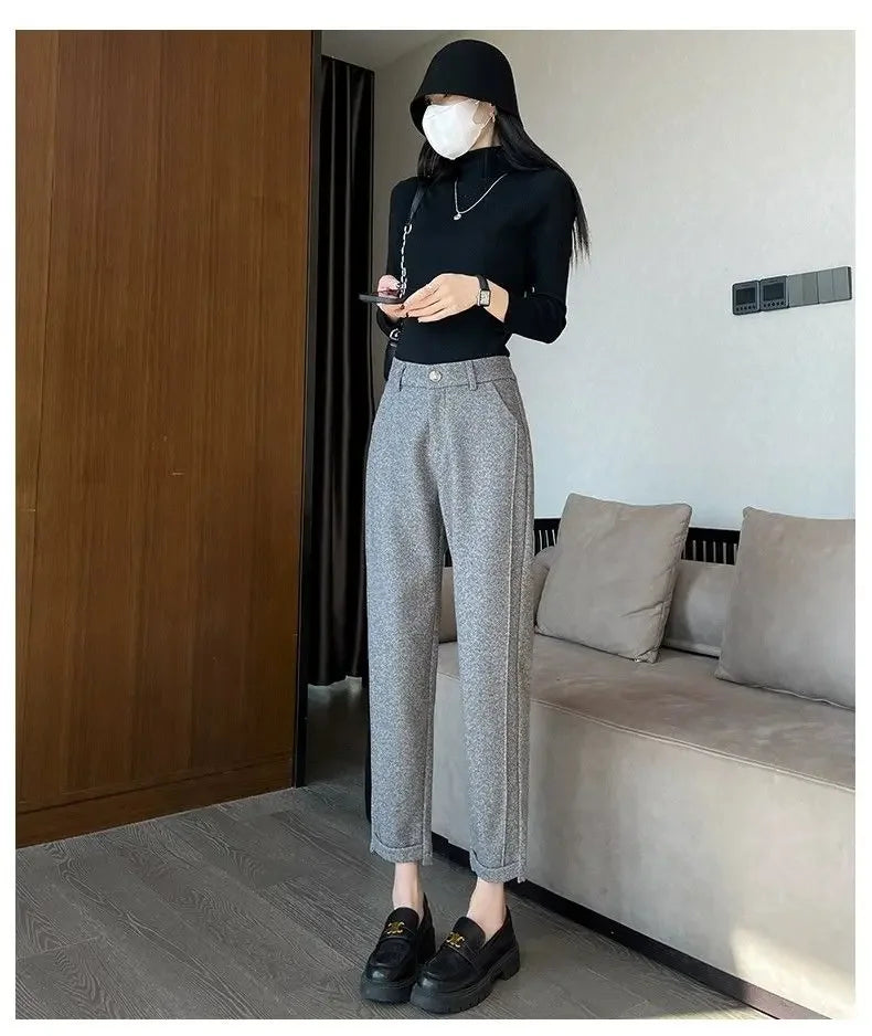 Winter Woolen Pants for Women Thicken Warm Ankle-Length Harem Pants Office Lady Khaki Elastic Waist Fashion Women's Trousers