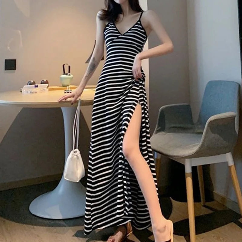 Sexy V-neck Suspender Dress Women Summer Thin Slim Side Slit Long Sun Dress Fashion Vintage Stripe Sleeveless Backless Dresses - Seprincess