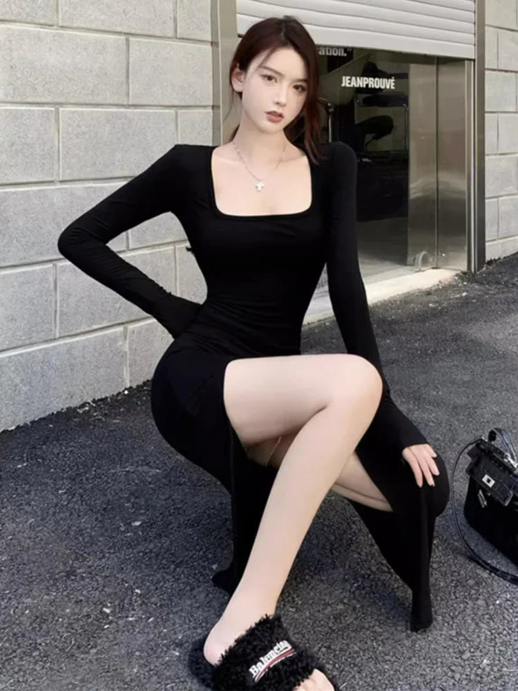 Sexy Side Slit Dress for Women Tight-fitting Wrap Hip Over-the-knee Long Sleeved Dresses Black Street Bodycon Spring Autumn - Seprincess