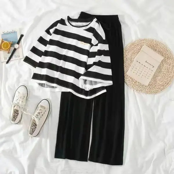 2 Pcs Women Sets Chic Striped Summer Leisure Femme Outfits Korean  Casual Suit Crop Top Basic Black High Waist Wide-leg Set - Seprincess