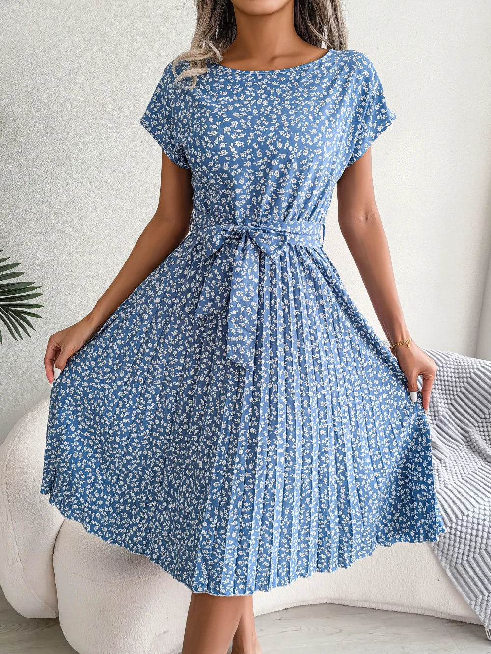 Women Spring Summer Short Sleeve High Waist Chic Dress Fashion Floral Pleated A Line Long Dress - Seprincess