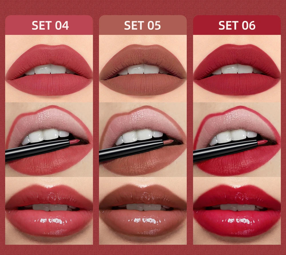 3pcs Matte Liquid Lipstick+Lip Liner Set Lip Glaze Makeup Nude Black Red Velvet Lip Gloss Long Lasting Lip Tint Cosmetics Kits - Seprincess